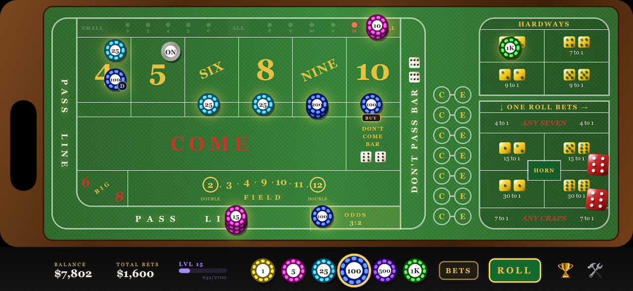 Craps Royale gameplay — landscape view of the felt table